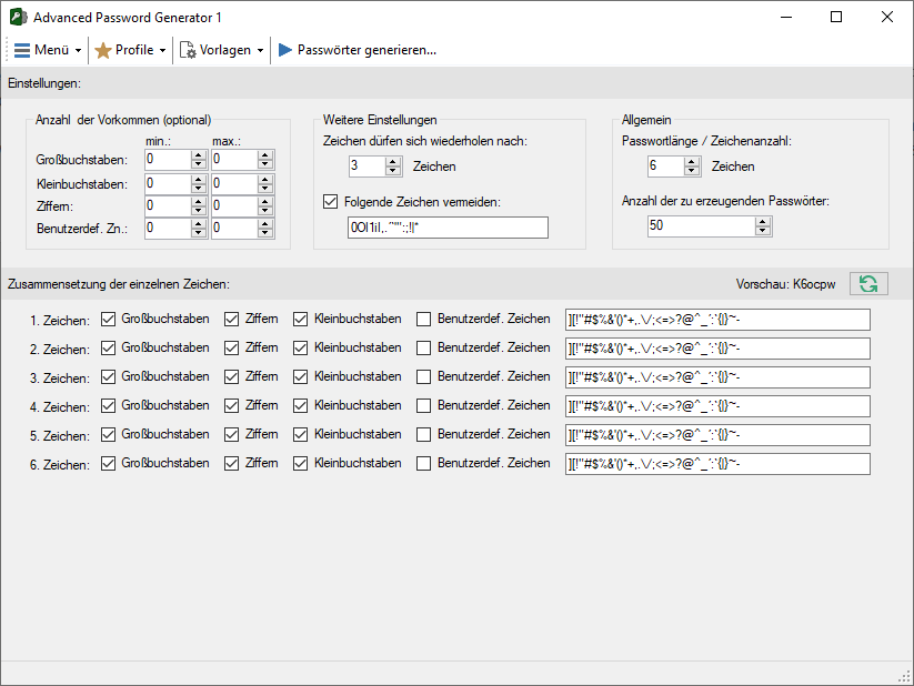 Advanced Password Generator - Hauptfenster
