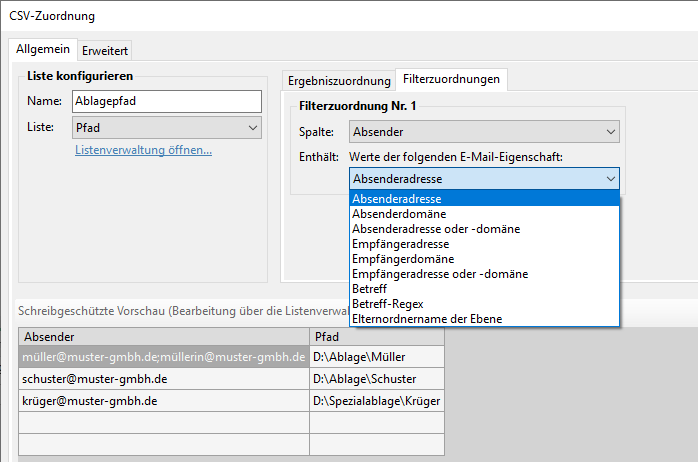 Filterzuordnung vornehmen