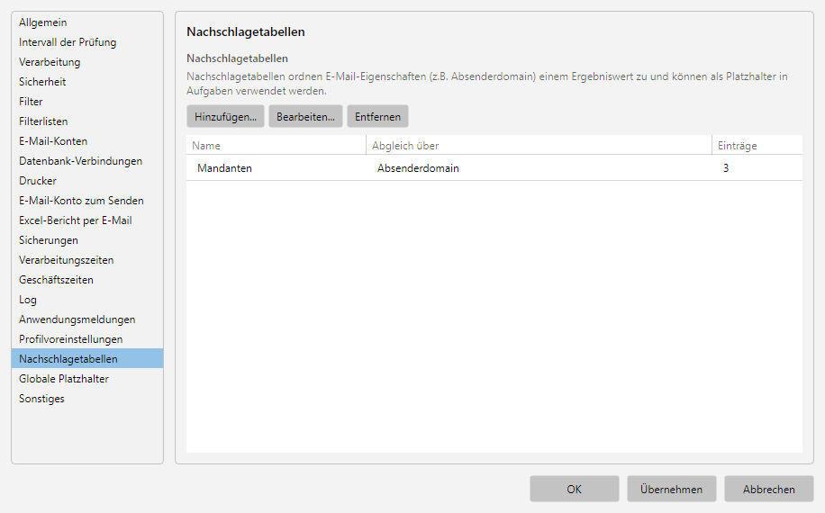 Nachschlagetabellen-Liste in den Programmoptionen