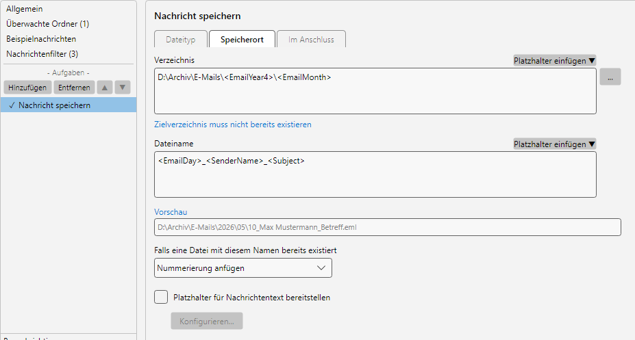 Speicherort konfigurieren