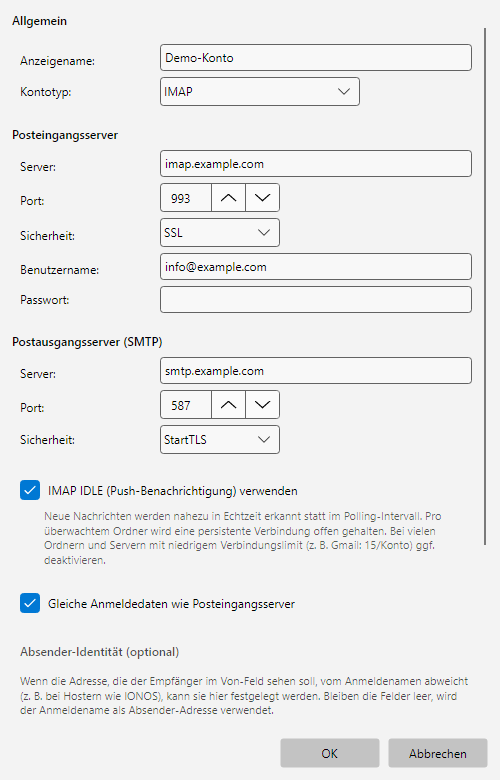 IMAP-Editor mit ausgefüllten Feldern