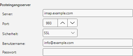 Posteingangsserver mit Server, Port und Sicherheit