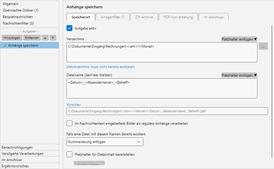 Profileinstellungen, Aufgabe Anhaenge speichern: Zielpfad-Editor mit Platzhalter-Button, Anhang-Filter und Optionen fuer Duplikate und ZIP-Behandlung