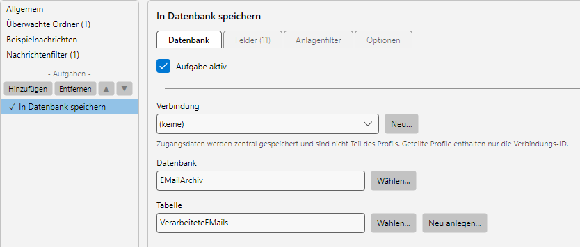 Profileinstellungen, Aufgabe In Datenbank speichern: Verbindungs-Auswahl, Tabellenname und Spalten-Mapping zu Platzhaltern