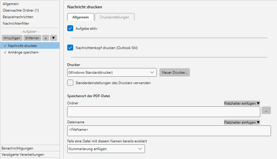 Profileinstellungen, Aufgabe Nachricht drucken: Drucker-Auswahl, Druck-Format und Inhalts-Optionen fuer Header und Anhaenge