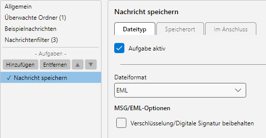 Profileinstellungen, Aufgabe Nachricht speichern: Datei-Format-Auswahl (EML, MSG, HTML, TXT, PDF), Zielpfad und Anhang-Einbettung