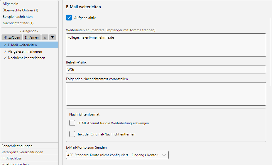 Profileinstellungen, Aufgabe E-Mail weiterleiten: Empfaenger-Liste, Sende-Konto, Antworttext und Anhang-Optionen
