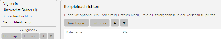 Profileinstellungen, Bereich Beispielnachrichten: Liste der hinterlegten Test-EMLs mit Vorschau-Bereich rechts
