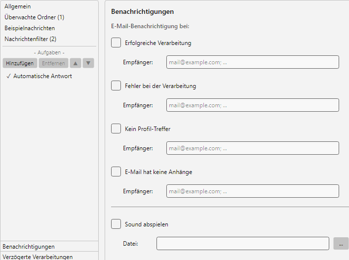 Profileinstellungen, Bereich Benachrichtigungen: E-Mail- und UI-Benachrichtigungs-Schalter fuer Erfolg, Fehler, Kein-Treffer und fehlende Anhaenge