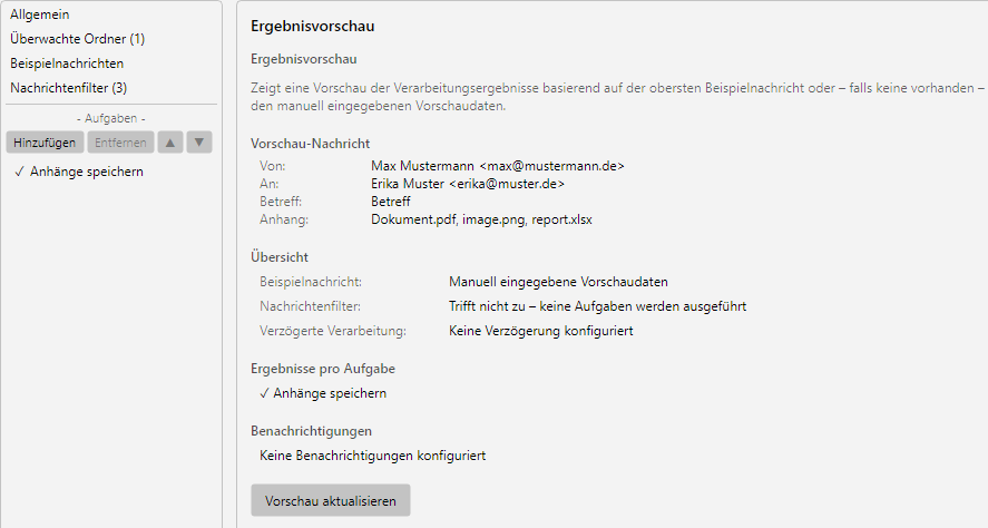 Profileinstellungen, Bereich Ergebnisvorschau: Trefferliste fuer die hinterlegten Beispielnachrichten mit Filter-Status pro Eintrag