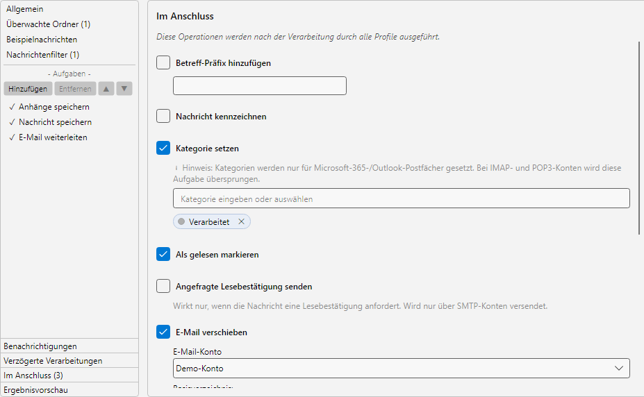 Profileinstellungen, Bereich Im Anschluss: nachgelagerte Operationen wie Verschieben, Loeschen, Markieren, Kategorie setzen und Betreff-Praefix
