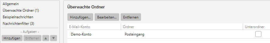 Profileinstellungen, Bereich Ueberwachte Ordner: Liste der Konto- und Ordner-Eintraege mit Unterordner-Schalter pro Zeile und IMAP-IDLE-Hinweis