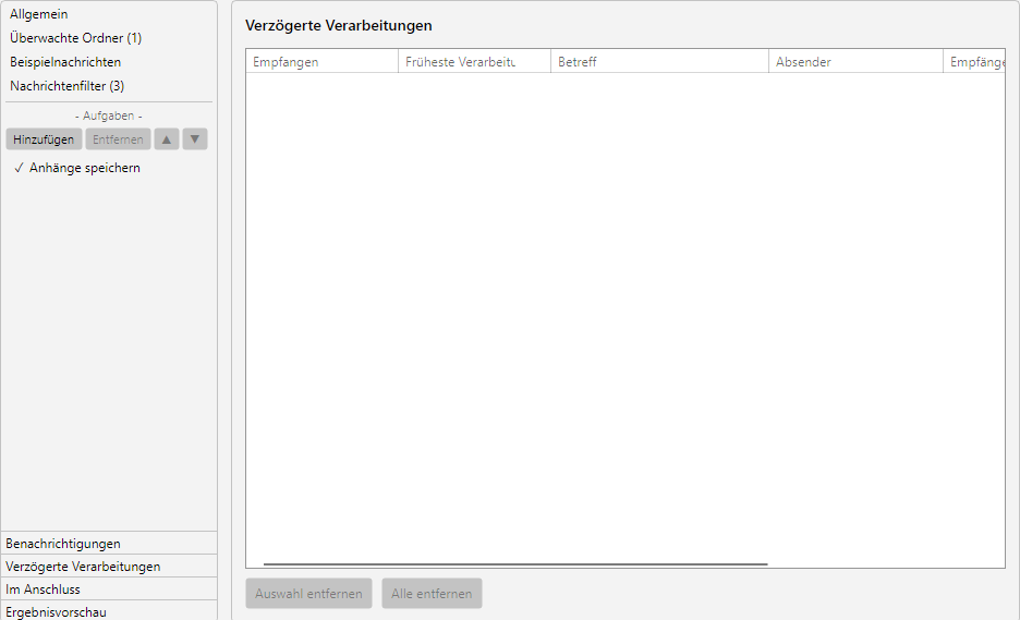 Profileinstellungen, Bereich Verzoegerte Verarbeitungen: Liste der Postponement-Konfigurationen mit Zeitplan und Wiederaufnahme-Bedingungen