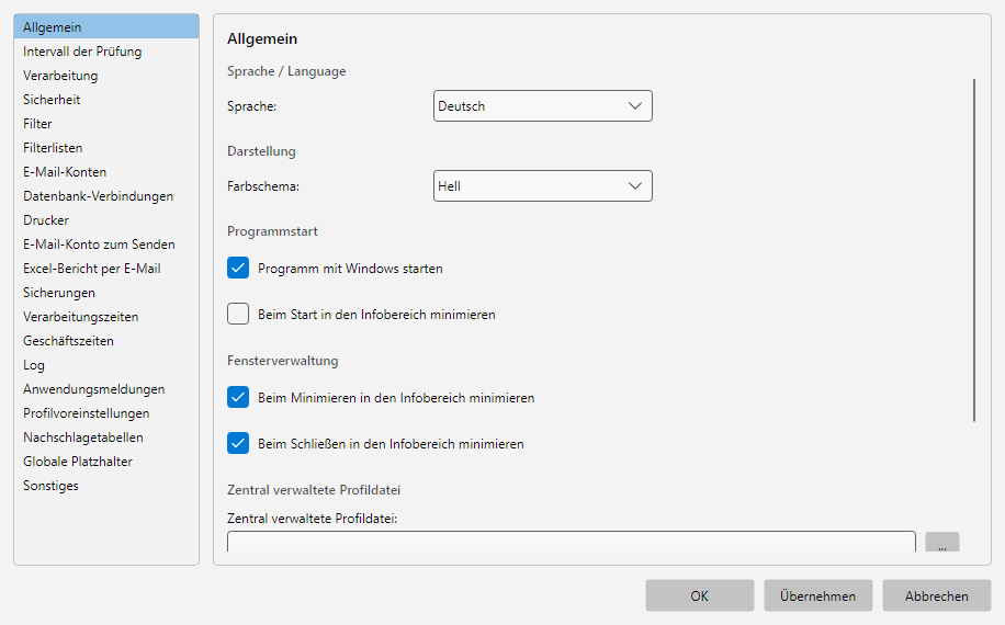 Programmoptionen, Bereich Allgemein: Programm-Sprache, Farbschema, Verhalten bei Programmstart und Schliessen, sowie Passwortspeicherung