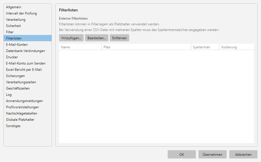 Programmoptionen, Bereich Filterlisten: Liste der benutzerdefinierten Werte-Listen mit Import/Export pro Liste