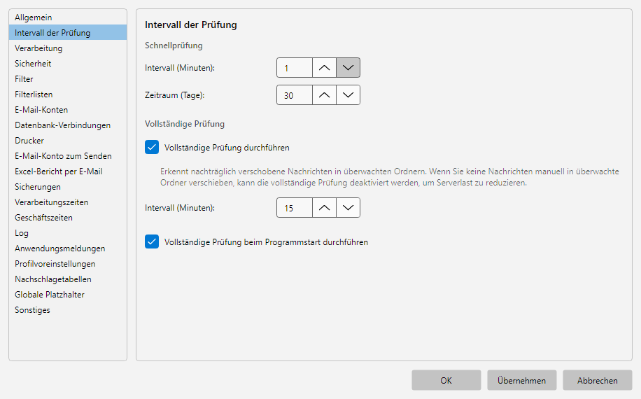 Programmoptionen, Bereich Intervall: Pruef-Intervall in Sekunden mit Hinweis auf die Verarbeitungs-Phase und IDLE-Verhalten