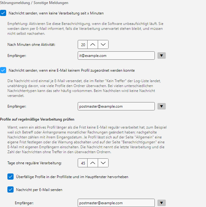 Programmoptionen, Abschnitt Stoerungsmeldung / Sonstige Meldungen: Stoerungsmeldung nach Minuten ohne Aktivitaet und Meldung bei E-Mails ohne Profil-Treffer, jeweils mit Empfaengerfeld