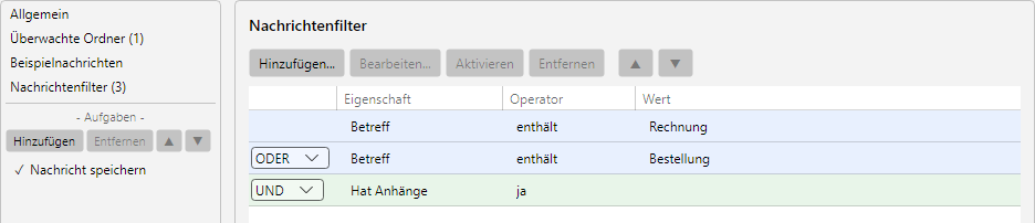 Profileinstellungen - Nachrichtenfilter