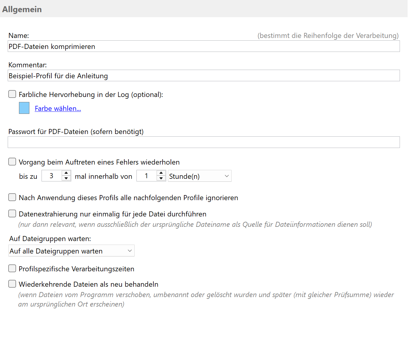 Profil für Komprimierung erstellen