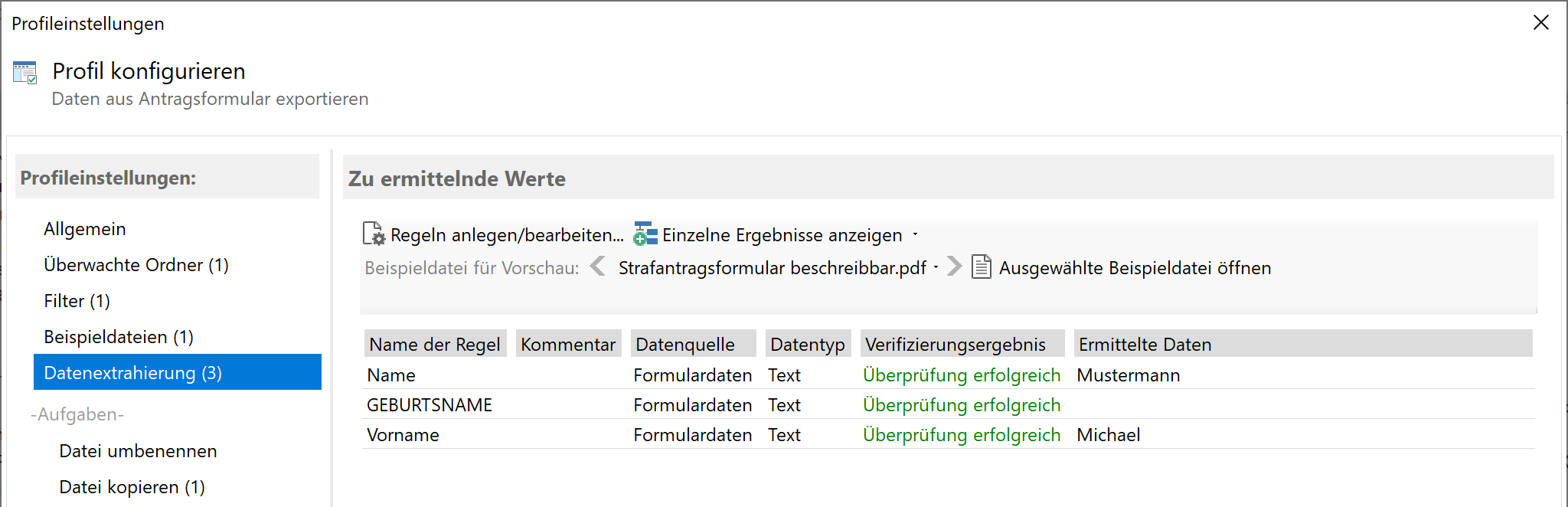 Vorschau der extrahierten Formularfeldwerte