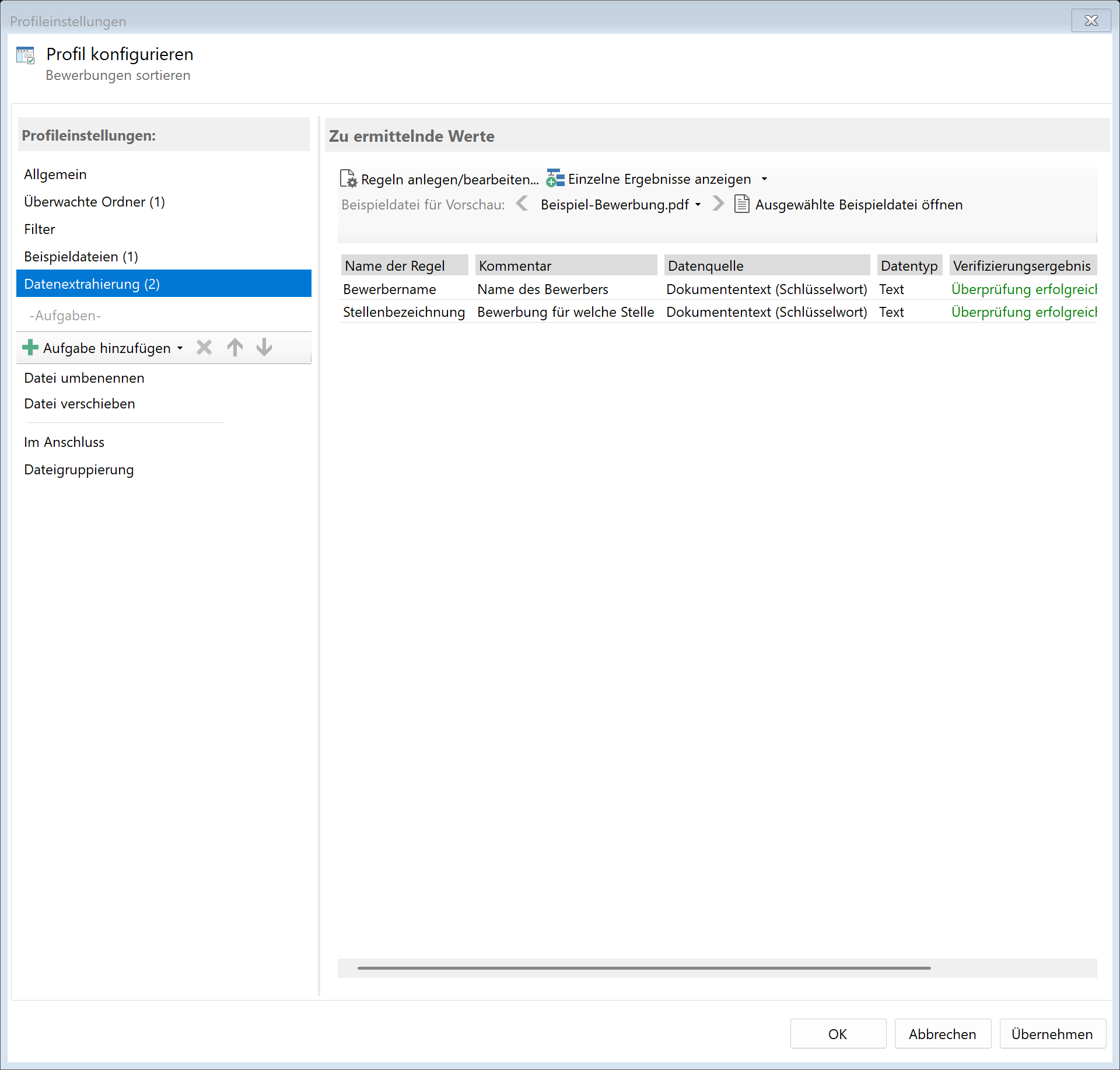Extrahierungsregeln für Bewerberdaten