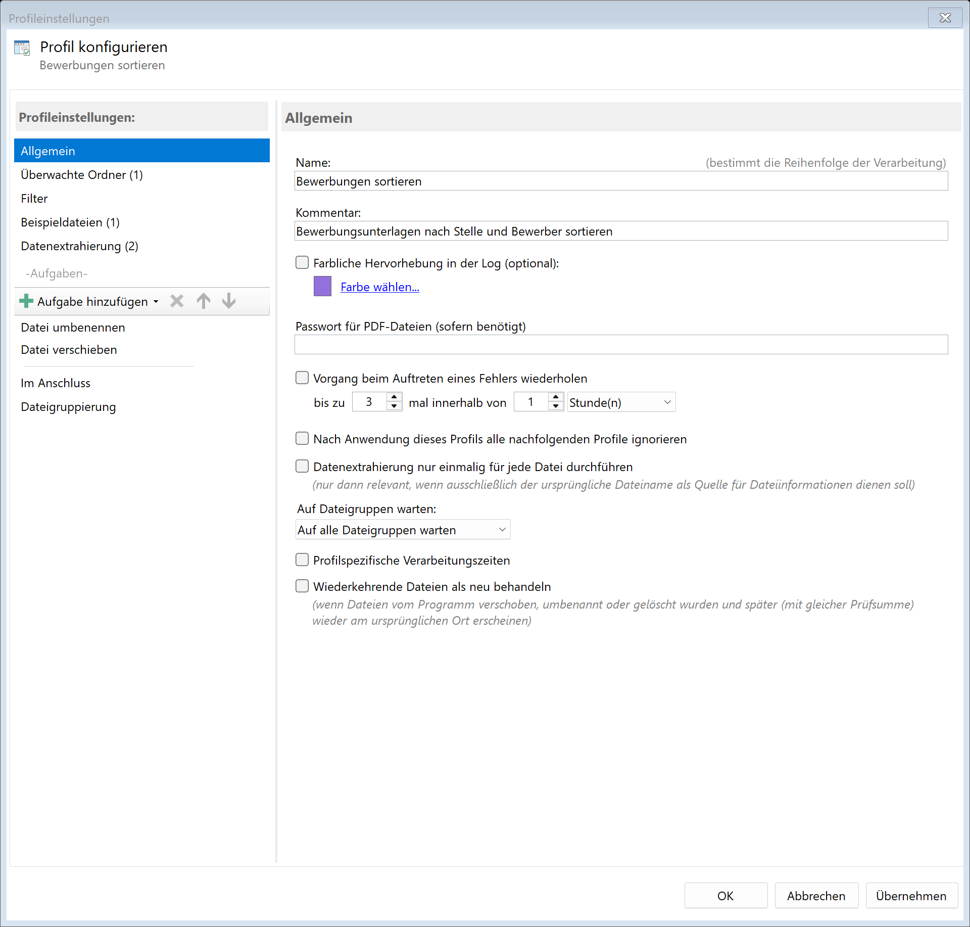 Profil Bewerbungen sortieren