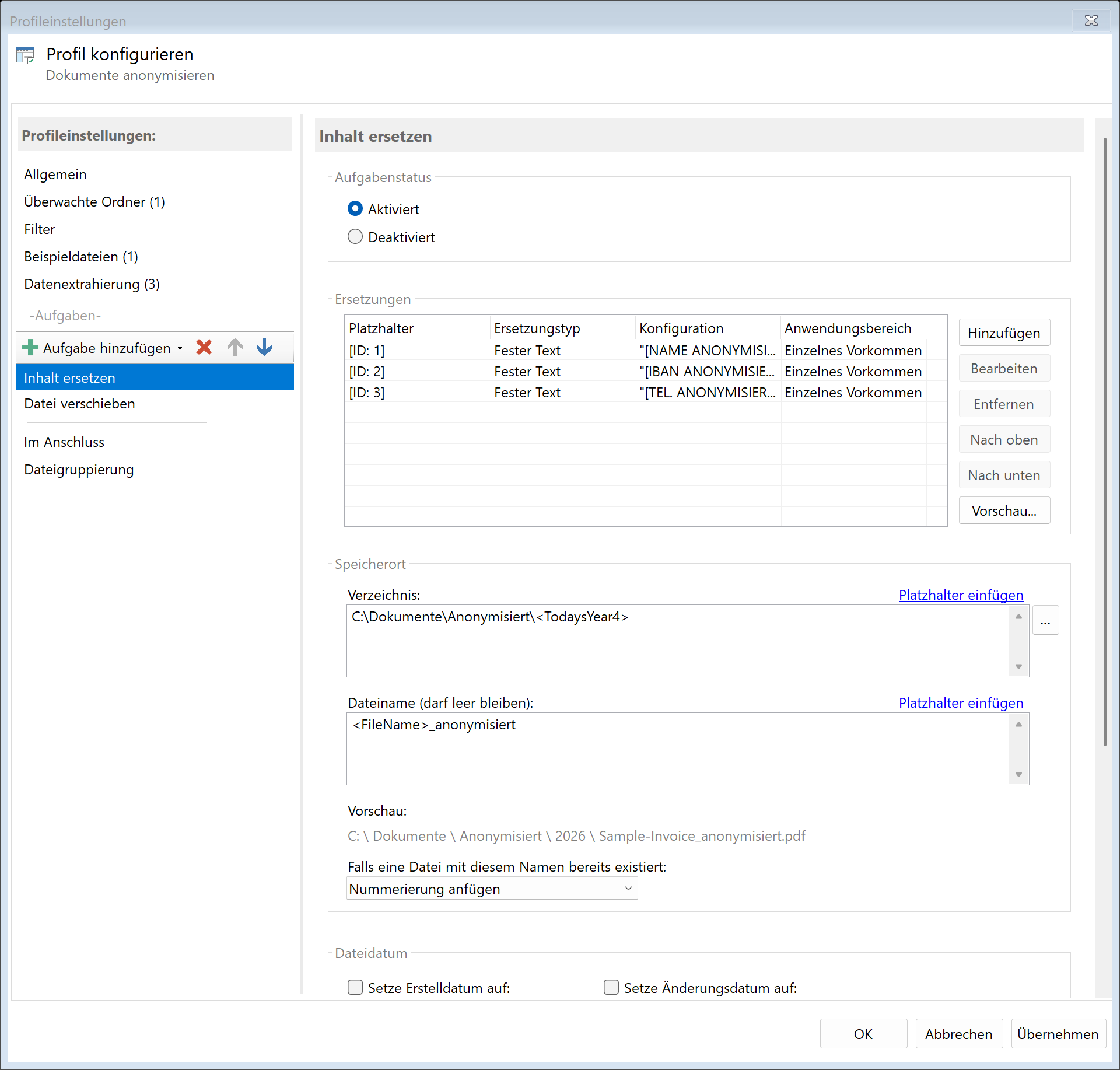 Aufgabe Inhalt ersetzen