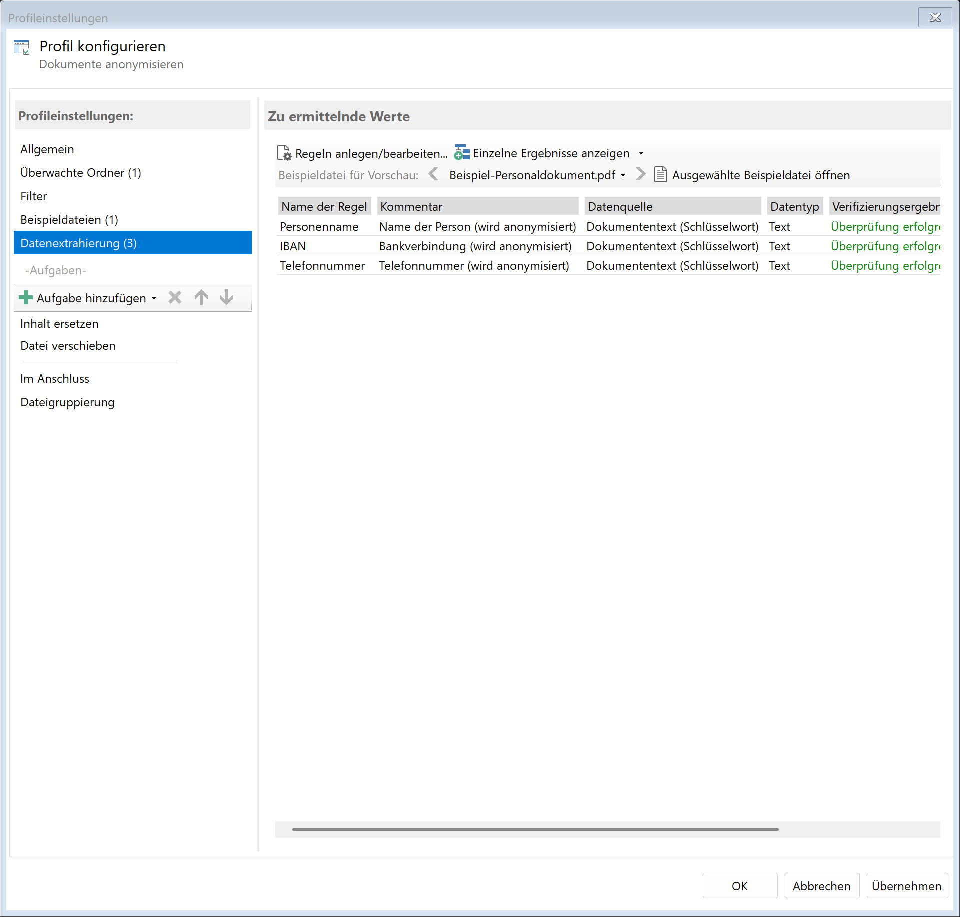 Extrahierungsregeln für Anonymisierung