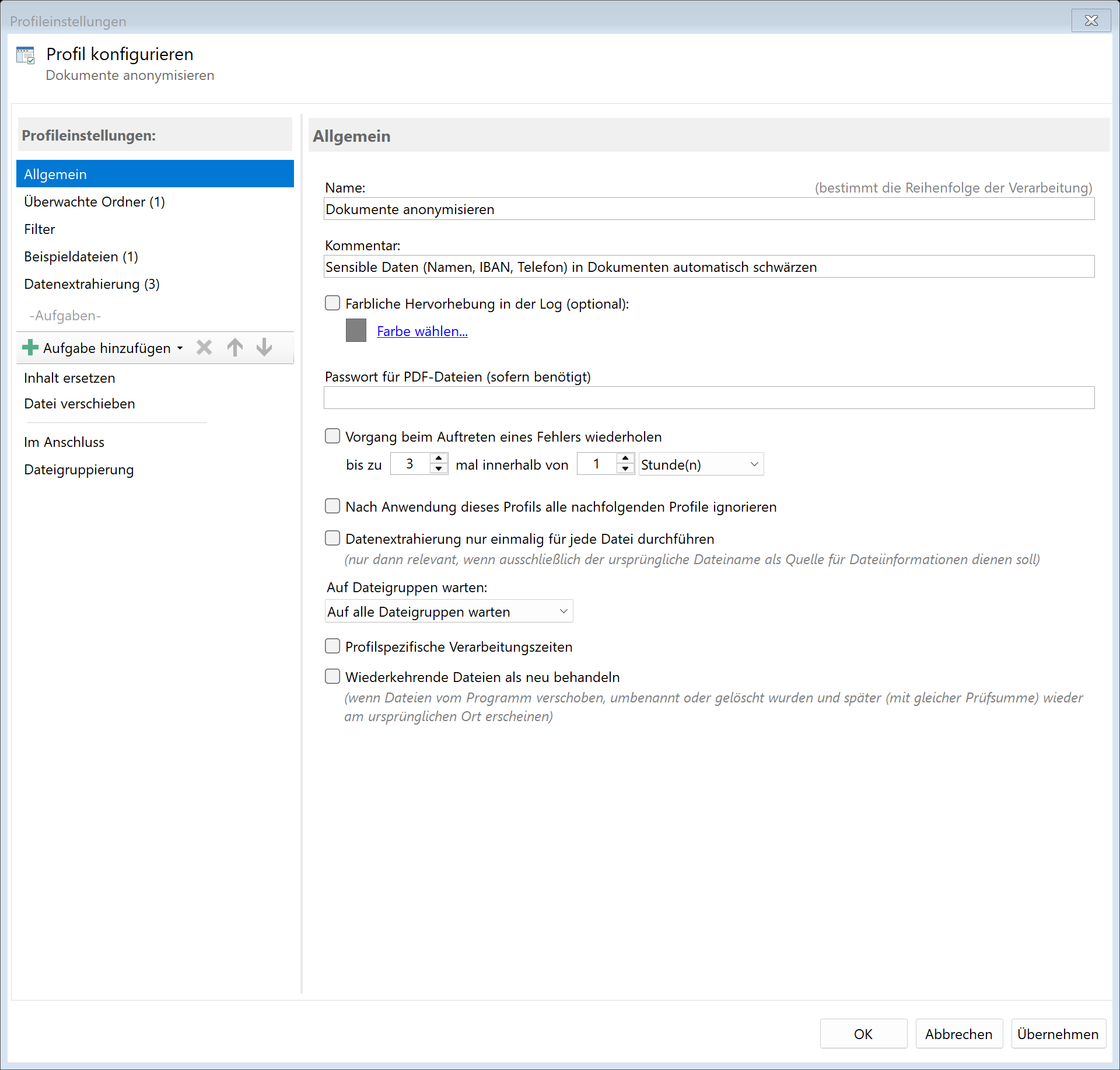 Profil für Anonymisierung erstellen