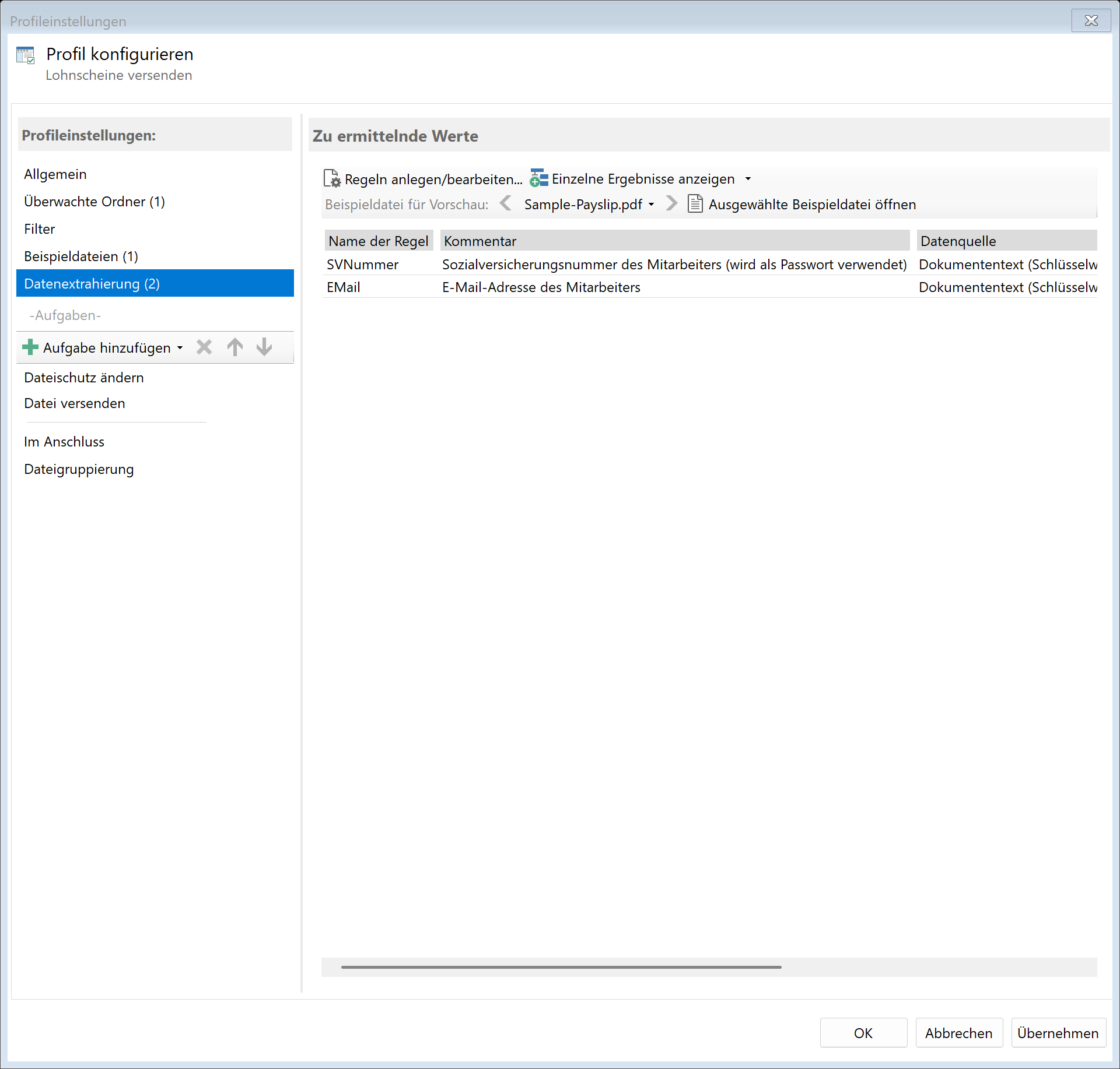Extrahierungsregeln für Lohnscheine
