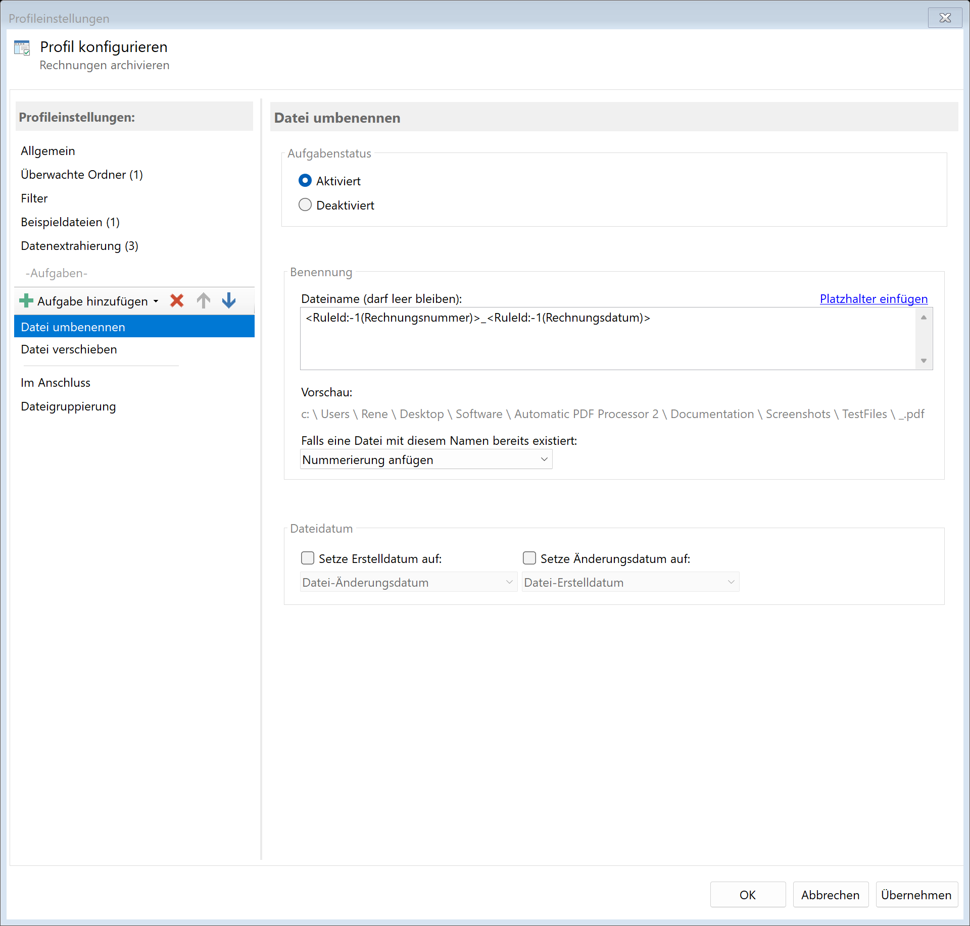 Aufgabe Datei umbenennen konfigurieren