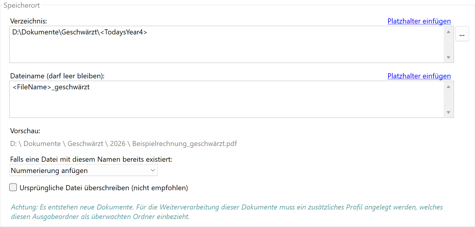 Speicherort für geschwärzte Dokumente