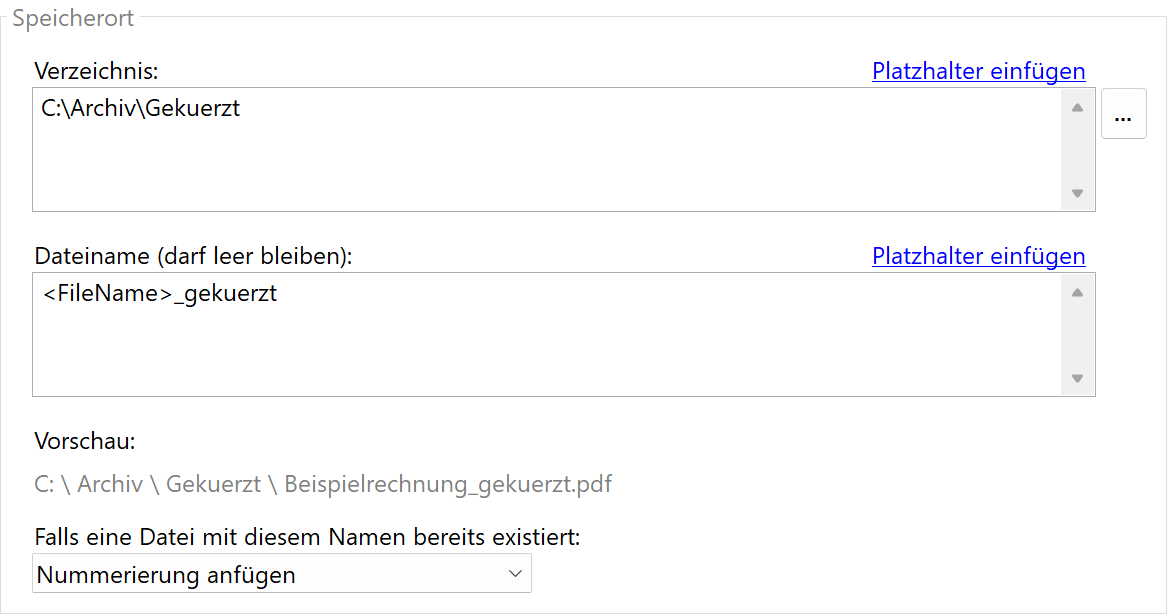 Speicherort für bereinigte Dokumente