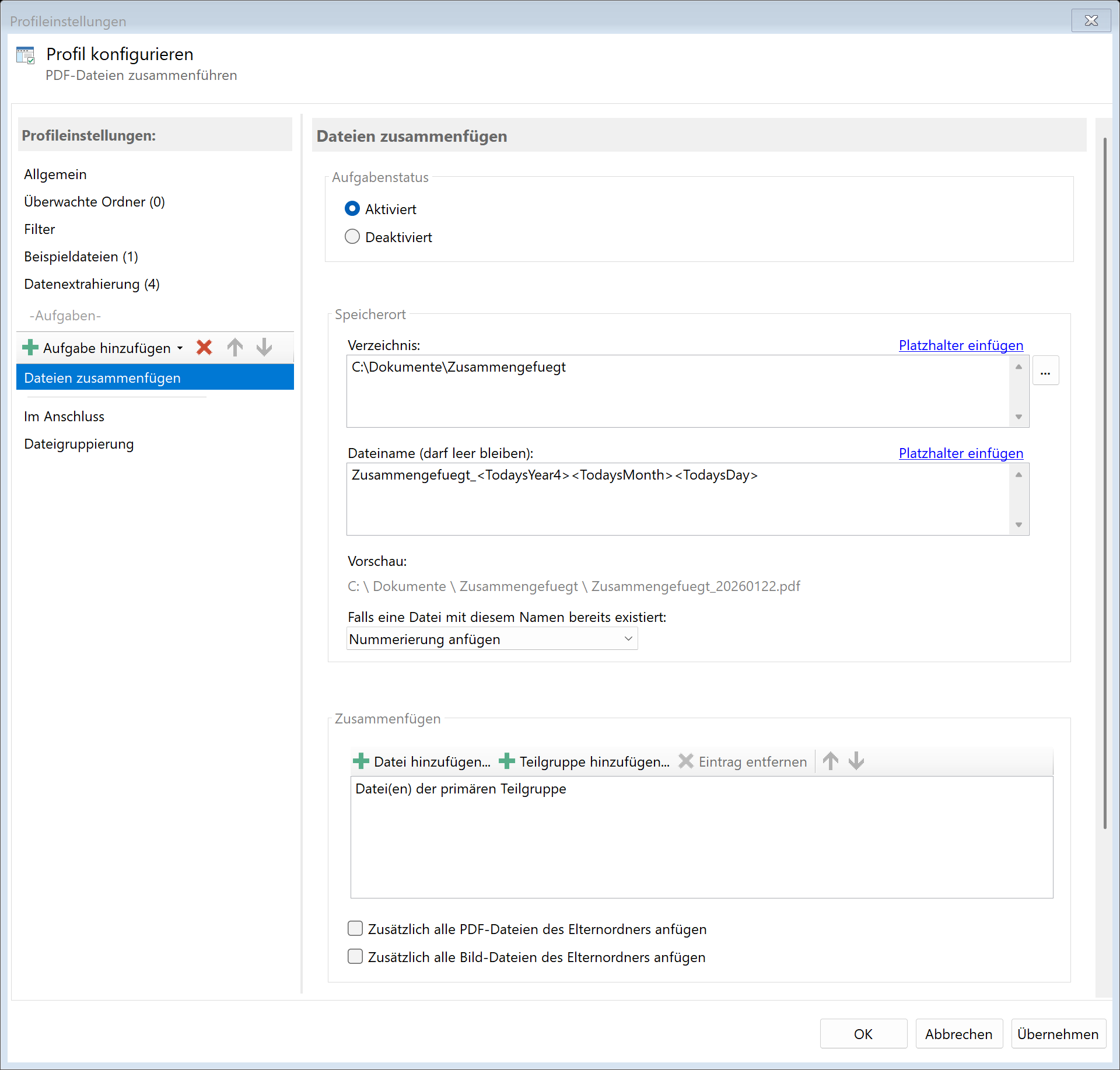 Reihenfolge der Dokumente festlegen