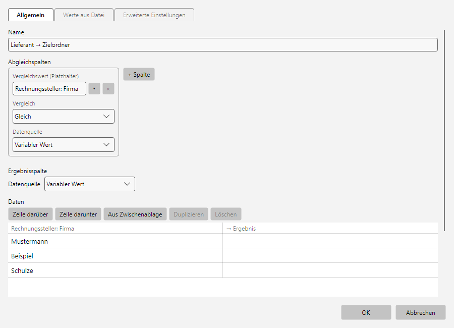 Editor einer Nachschlagetabelle mit Datenbereich und CSV-Optionen