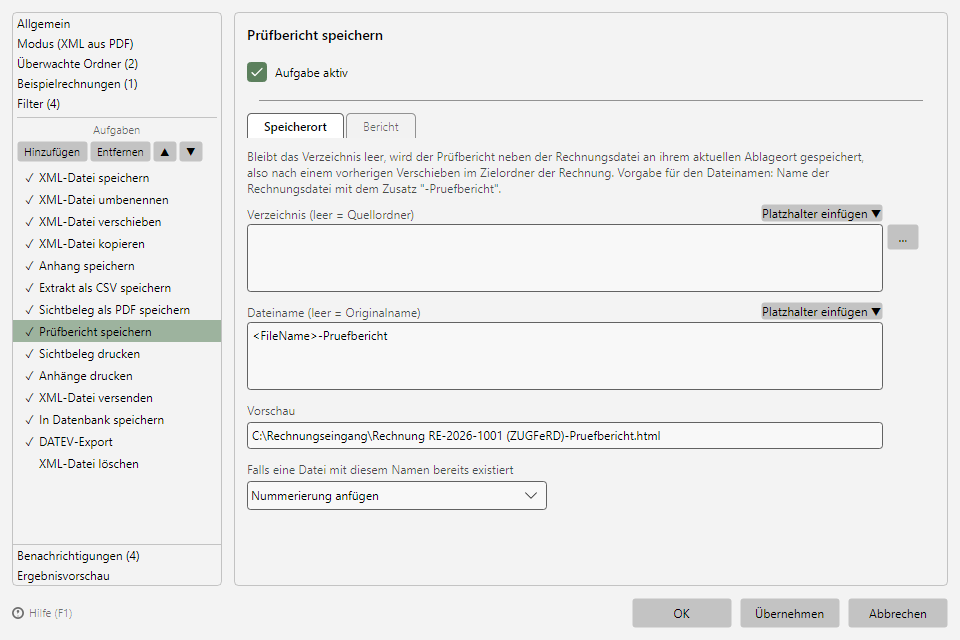 Aufgabe Prüfbericht speichern mit den Registerkarten Speicherort und Bericht