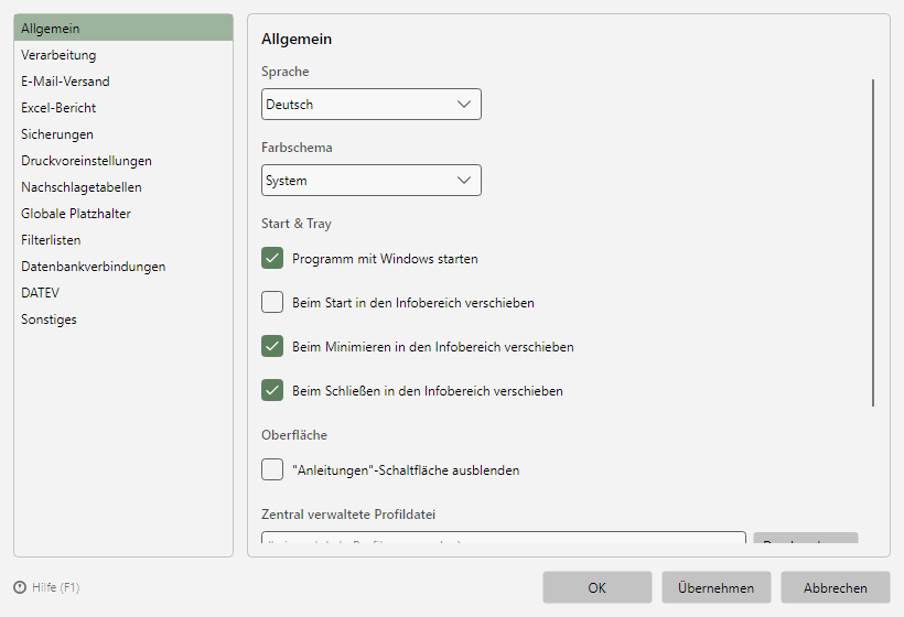 Programmoptionen mit Kategorienliste links und Seiteninhalt rechts