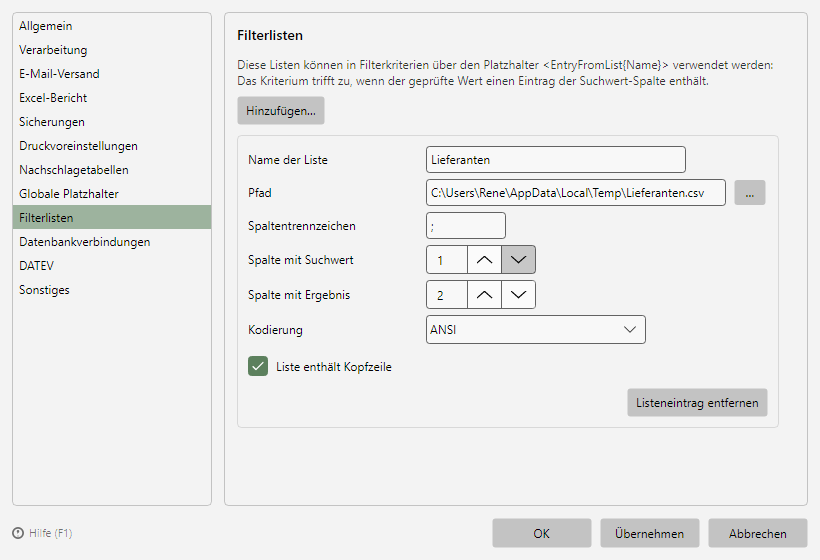 Programmoptionen, Seite Filterlisten