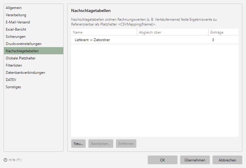 Programmoptionen, Seite Nachschlagetabellen