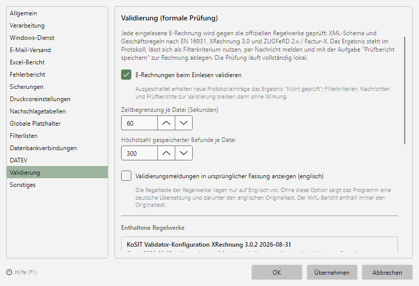 Programmoptionen, Seite Validierung mit Schalter, Grenzwerten und Regelwerken