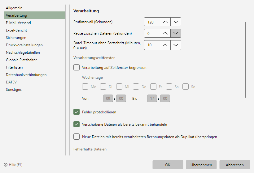 Programmoptionen, Seite Verarbeitung